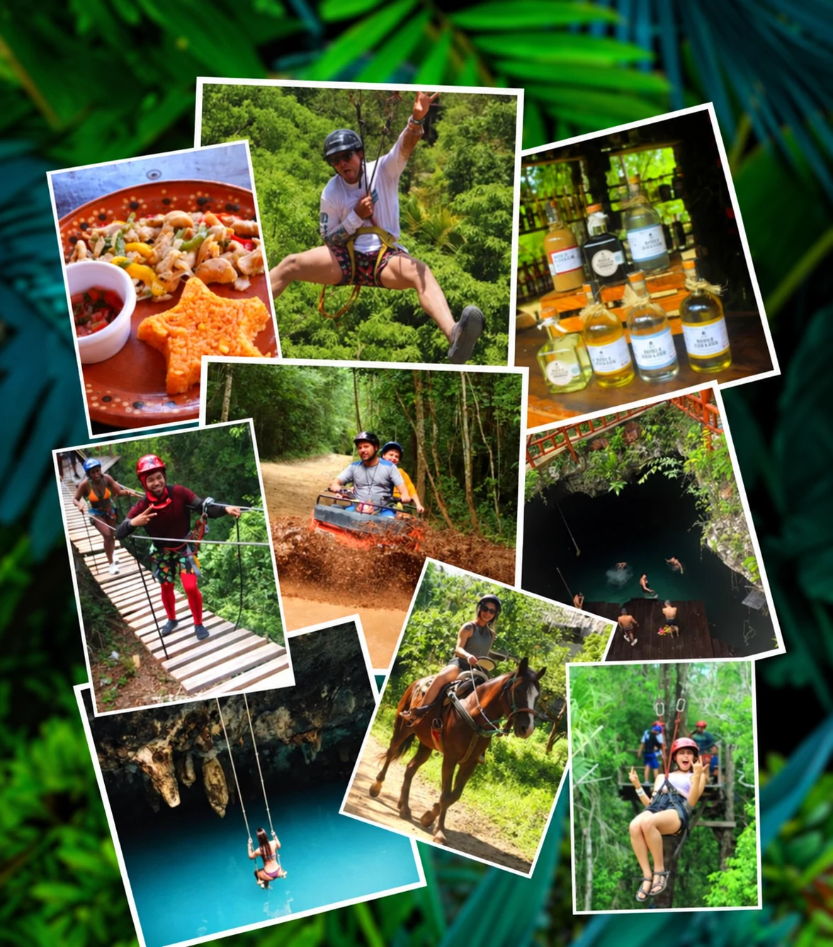 Adventure collage showing zip lines, ATVs, cenotes, horse riding, food and tasting experiences