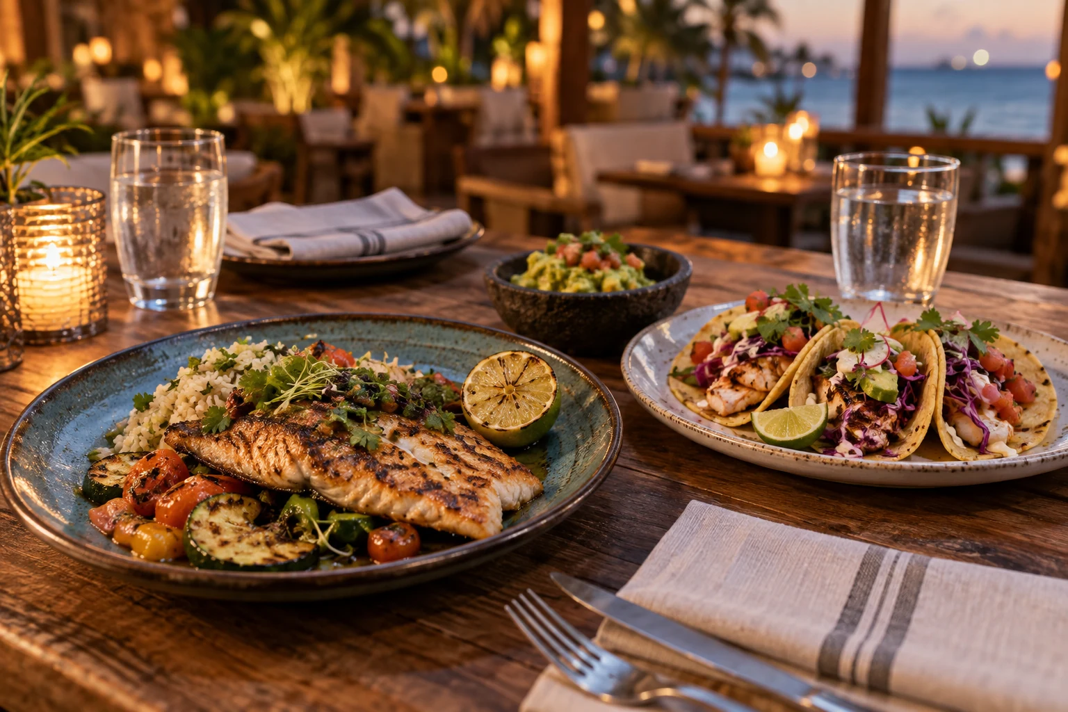 Illustrative dining scene with grilled fish, tacos and guacamole on a restaurant table